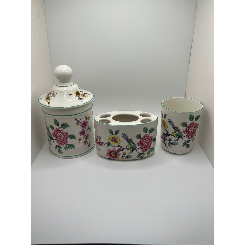 Vintage Old Foley James Kent Chinese Rose 3pc Floral Vanity Bathroom Set